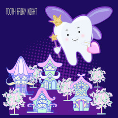 Tooth fairy. Vector cartoon illustration. Stylized tooth. Night fabulous city on the background