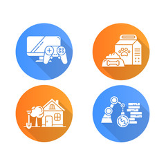 E commerce departments flat design long shadow glyph icons set. Shopping categories. Pet supplies. Home and garden. Business and industrial. Video games and consoles. Vector silhouette illustration