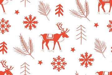 Merry Christmas and Happy New Year Christmas seamless pattern with reindeers, florals, and snowflakes. Xmas winter poster collection. Winter holiday backgrounds. Norwegian Scandinavian pattern.