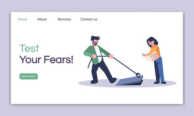 Test your fears landing page vector template. Friends in escape room website interface idea with flat illustrations. Searching exit homepage layout. Quest room web banner, webpage cartoon concept