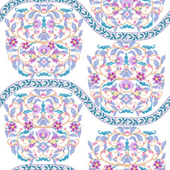 Seamless pattern with stylized ornamental flowers in retro, vintage style. Jacobean embroidery. Colored vector illustration In pink, blue, ultraviolet colors. Isolated on white background.