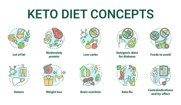 Keto diet concept icons set. Types of ketogenic dieting idea thin line illustrations. Healthy lifestyle. Loss weight nutrition. Food, meal. Vector isolated outline drawings. Editable stroke