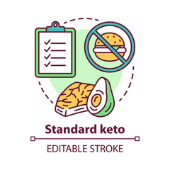 Standart keto concept icon. Ketogenic diet idea thin line illustration. Low carb nutrition. Healthy food, meal. Healthcare, lifestyle. Vector isolated outline drawing. Editable stroke