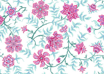 Ethnic seamless pattern in kalamkari style, fantasy floral pattern. Colored vector illustration without gradients and transparency. Isolated on white background.