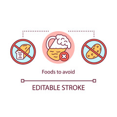 Foods to avoid concept icon. Keto diet idea thin line illustration. Ketogenic nutrition. Forbidden food and drink. Healthcare, healthy lifestyle. Vector isolated outline drawing. Editable stroke