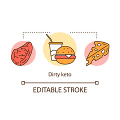 Dirty keto concept icon. Ketogenic diet idea thin line illustration. Macronutrient ratio. Fast food, cheese, menu. Carbs, fats, proteins. Vector isolated outline drawing. Editable stroke