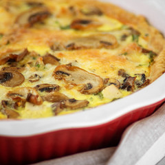 Quiche pie with chicken and mushrooms. The concept of food, breakfast, restaurant.