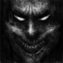 Scary clown face with opened mouth. Black and white illustration in horror genre with coal and noise effect.