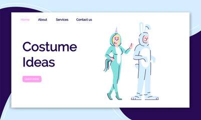 Obraz na płótnie Canvas Costume ideas landing page vector template. Holiday clothing website interface idea with flat illustrations. Fabulous costumes homepage layout. Animal suits web banner, webpage cartoon concept