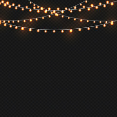 Christmas golden lights isolated on dark background. Christmas luminous garland. Vector illustration