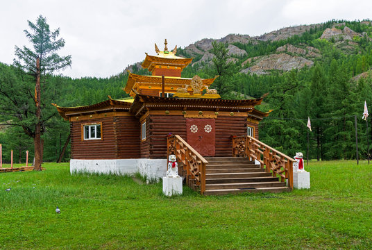 Wooden pagoda in a Buddhist datsan