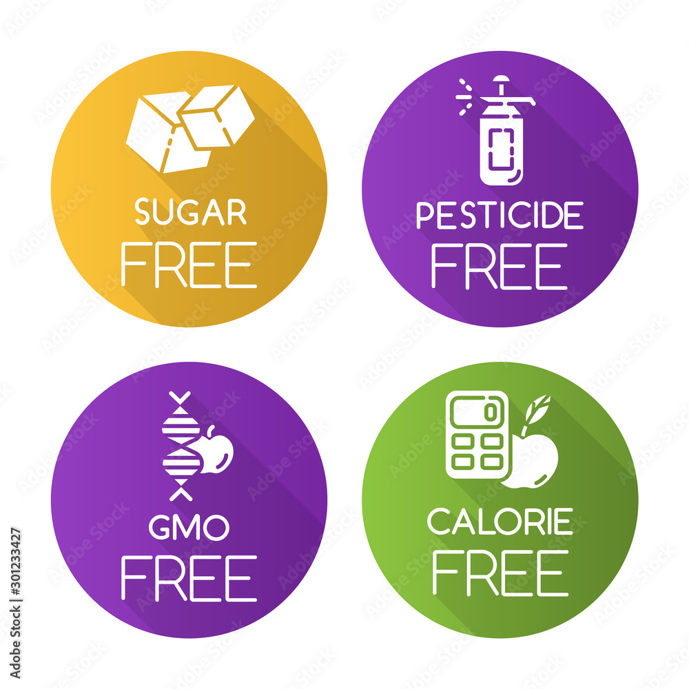 Wall mural Product free ingredient flat design long shadow glyph icons set. No sugar, pesticide, gmo, calories. Organic healthy food. Dietary without allergens and sweeteners. Vector silhouette illustration