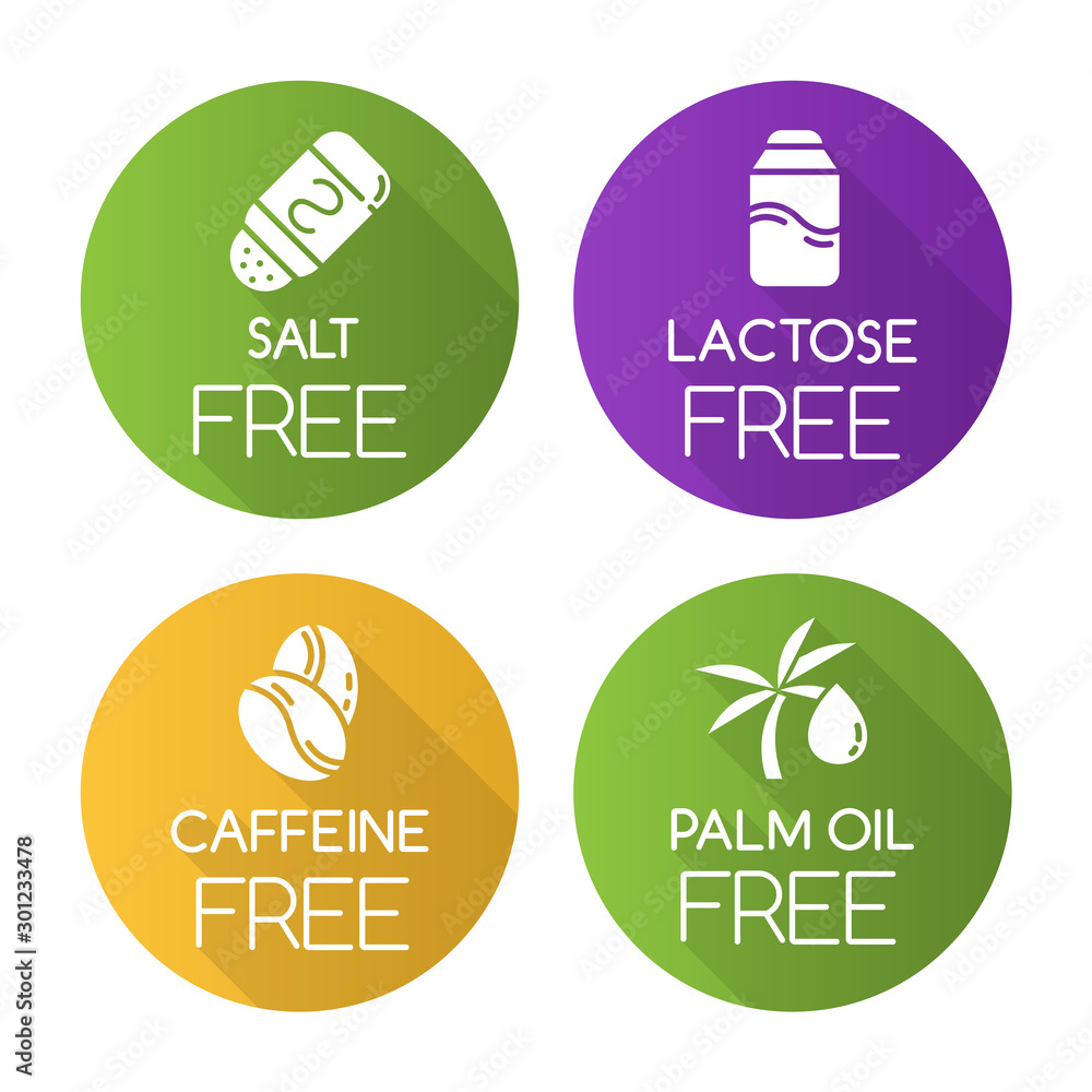 Wall mural Product free ingredient flat design long shadow glyph icons set. No salt, lactose, caffeine, palm oil. Healthy organic food. Dietary without allergens. Balanced meals. Vector silhouette illustration