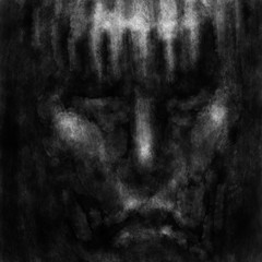Savagery human face with dark eyes. Black and white illustration in horror genre with coal and noise effect.