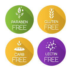 Product free ingredient flat design long shadow glyph icons set. No paraben, gluten, carb, lectin. Organic healthy food. Nutritious dietary without allergens. Vector silhouette illustration