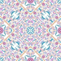 Seamless pattern with stylized ornamental flowers in retro, vintage style. Jacobean embroidery. Colored vector illustration In pink, blue, ultraviolet colors. Isolated on white background.