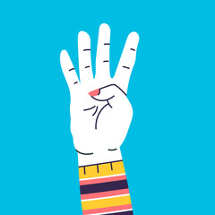 Obraz premium Number four. Hand gesture symbol. Hand with finger count. Counting by bending fingers. Hand drawn colored trendy vector illustration. Cartoon style. Flat design.