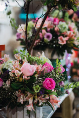 colorful bunch of roses and flowers at flower store 