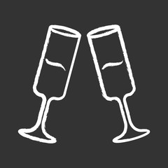 Two clinking champagne glasses chalk icon. Sparkling wine. Glassfuls of alcohol beverage. Wine service. Celebration, party. Wedding. Tasting. Cheers. Isolated vector chalkboard illustration