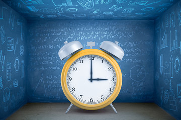 3d rendering or yellow alarm clock on blue math formula background