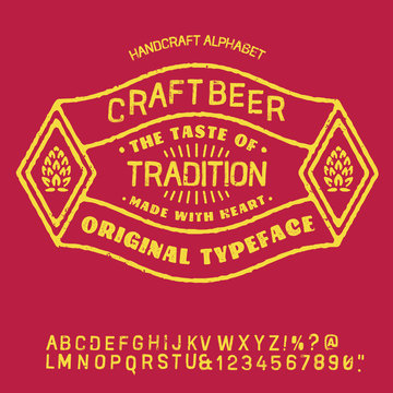 " beer " typeface. Vector hand crafted font in medieval style with hops. Good for posters, alcohol label and festival invitation.Letters and numbers.Vector illustration.