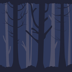 Dense gloomy forest. Old bare trees in the dark. Vector editable background