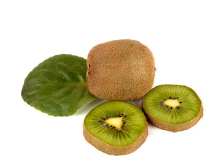 Kiwi fruit and kiwi fruit slices on a white background