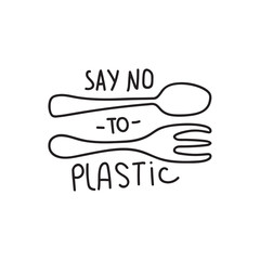 Cartoon vector illustration with plastic fork and spoon. Say no to plastic lettering motivating phrase in doodle style.