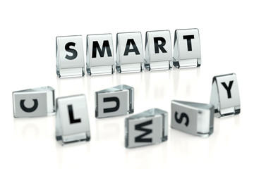 SMART word written on glossy blocks and fallen over blurry blocks with CLUMSY letters, isolated on white background. Difference between smart and clumsy - concept for articles or blogs. 3D rendering