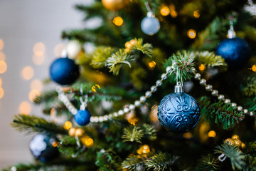 Dressed up Christmas tree. Gold and blue Christmas tree decorations for Christmas.