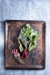 ugly food. Beets and beet leaves on a rusty beautiful metal surface.