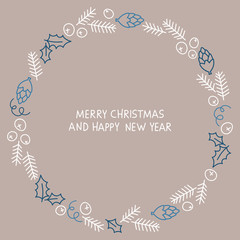 Christmas card with wreath: Merry Christmas and Happy New Year. Vector illustration for greeting cards, posters, gift tags. Creative hand drawn vector illustration