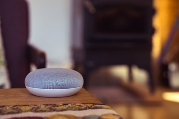 voice controlled smart speaker in a interior home environment. Smart home ai concept