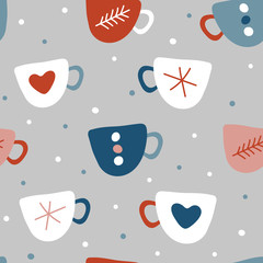 Seamless vector pattern with mugs. Merry Christmas and Happy New Year. Vector illustration for greeting cards, posters, gift tags. Creative hand drawn vector illustration