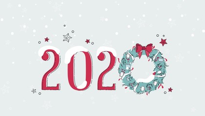 Fototapeta na wymiar Happy new year 2020 holiday background with red numbers 2020 on snowy background. Vector illustration