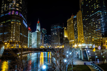 Chicago at night - illuminated banks of Chicago River
