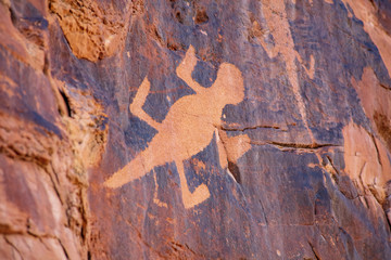 Detail of a part of the petroglyphs incised by the Fremont People in the sandstone rock face at Dinosaur National Monument, Utah