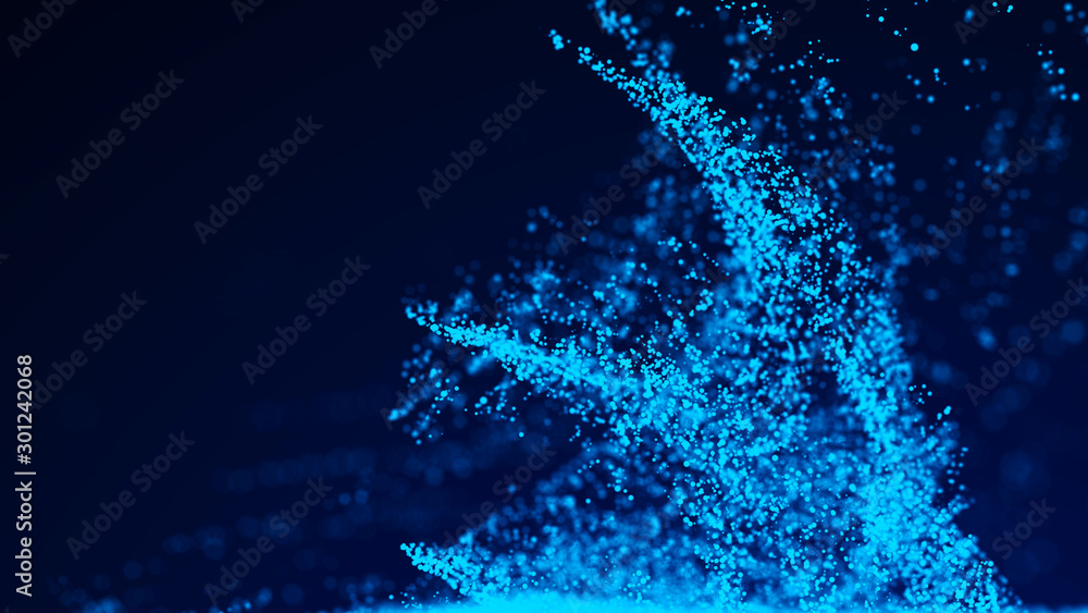 Aufkleber Big data concept visualization. Futuristic wave of glowing particles. Shine flares on dark background. Digital background. 3D rendering.