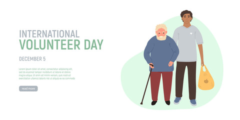 Volunteer helping older grey haired man carry products. International Volunteer Day. Social workers taking care about seniors people. Caring for the elderly. Vector illustration