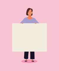 woman standing with blank poster, colorful design