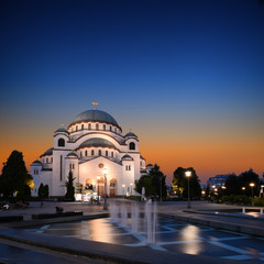 Church of Saint Sava, one of the biggest Orthodox church of the world, at evening illumination, Belgrade, Serbia  - obrazy, fototapety, plakaty
