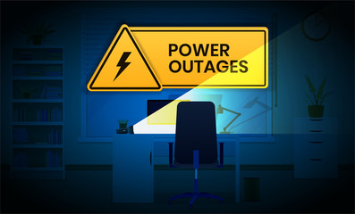Power outage, warning poster with flashlight and triangular icon of electricity in the office workspace