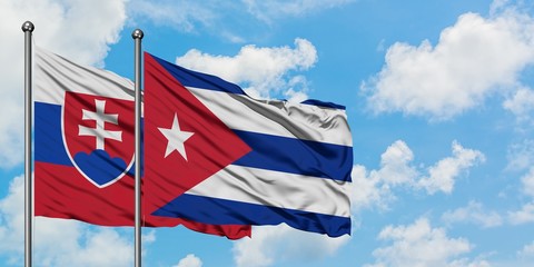 Slovakia and Cuba flag waving in the wind against white cloudy blue sky together. Diplomacy...