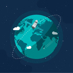 Fototapeta na wymiar Earth in outer space vector illustration, flat cartoon satellite space ship flying around planet world, orbit station flight in cosmos or universe closeup image