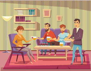 Home party flat vector illustration. Friends at house party. People relaxing in apartment living room composition. Male and female characters drinking alcohol beverages and eating snacks.