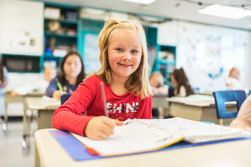 education and school concept little student girl studying at school