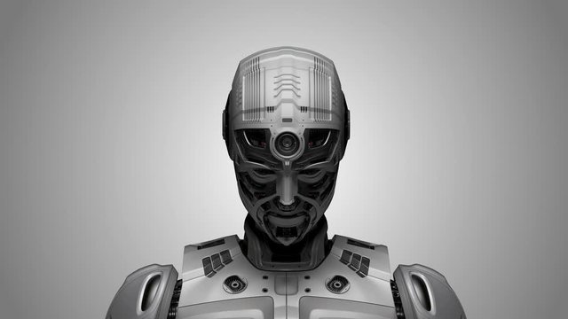 3d rendering of a very detailed futuristic robot or humanoid cyborg being activated or switched on while the camera with the light slowly approaches. Isolated on gray background.