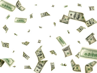 Hundred dollar bill. Falling money isolated background. American cash.