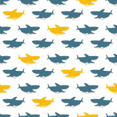 Fototapeta na wymiar Shark seamless pattern. Childish vector background in simple scandinavian cartoon style. Contrasting blue yellow fish on a white background