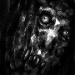 Scary zombie face for Halloween. Gloomy character from nightmares. Horror illustration in black and white colour